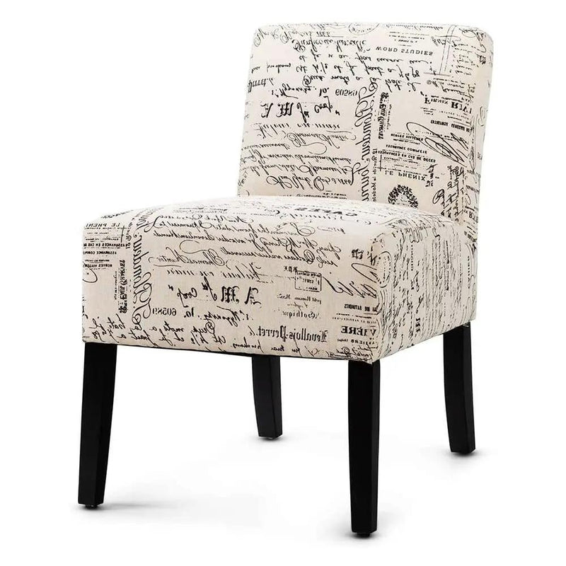 Modern Accent Chair Off-White French Cursive Pattern Upholstery with Black Wood Legs by HomePacific