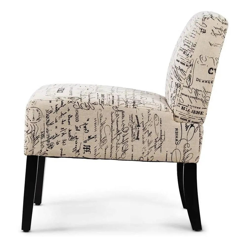 Modern Accent Chair Off-White French Cursive Pattern Upholstery with Black Wood Legs by HomePacific