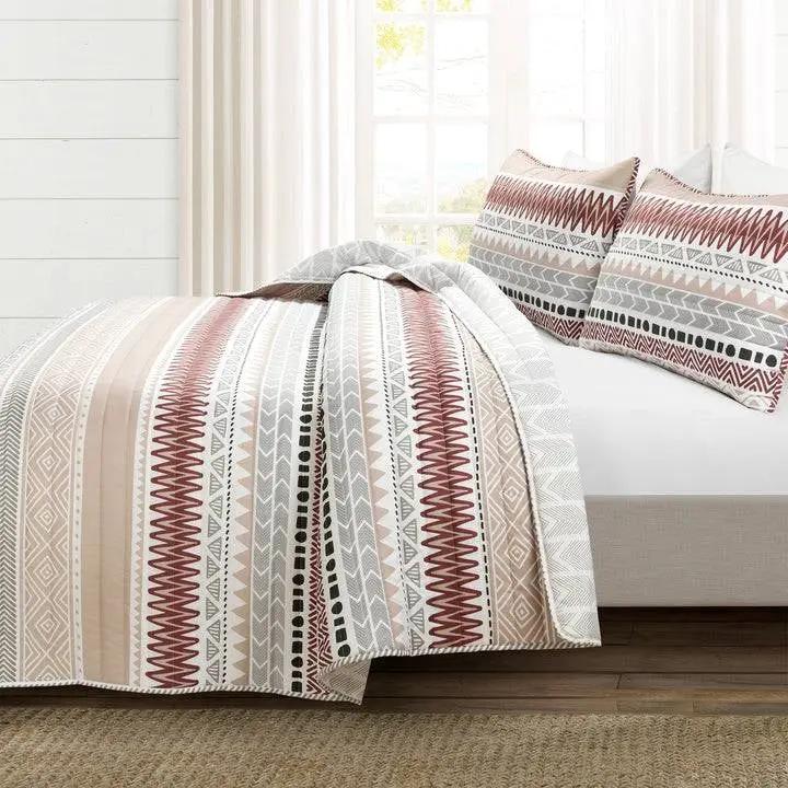 Full/Queen Lightweight Rustic Red Chevron Stripe Reversible 3 Piece Quilt Set by HomePacific