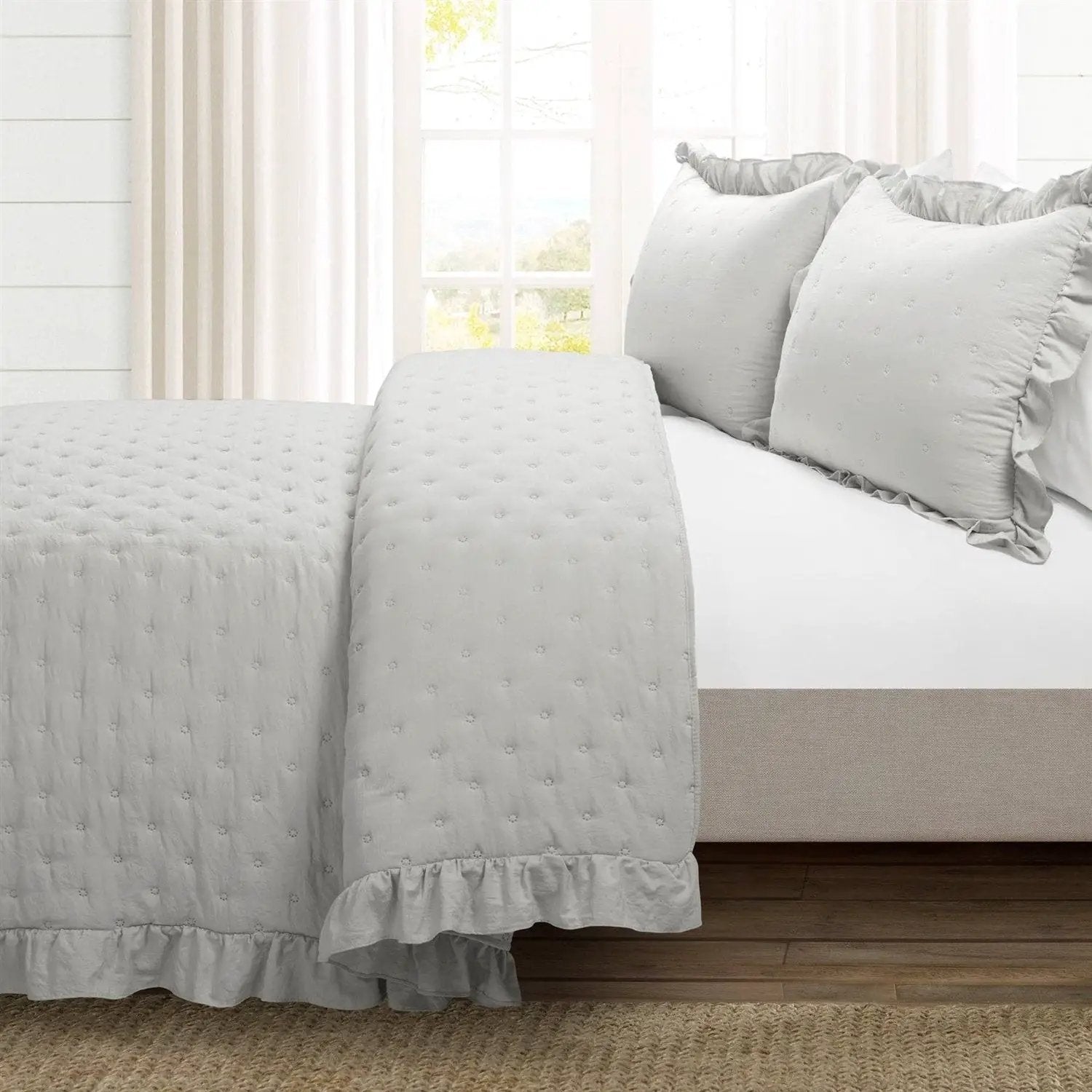 King Size Lightweight Grey Ruffle Reversible Oversized 3 Piece Quilt Set by HomePacific