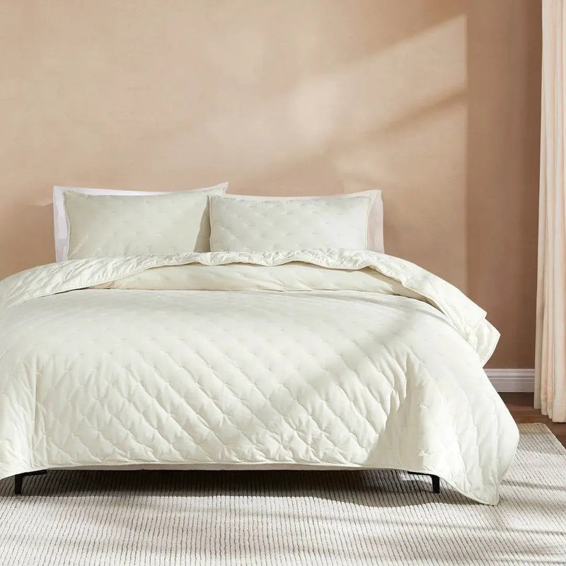 King/CAL King Size 3-Piece Cream Velvet Embroidered Super Soft Quilt Set by HomePacific