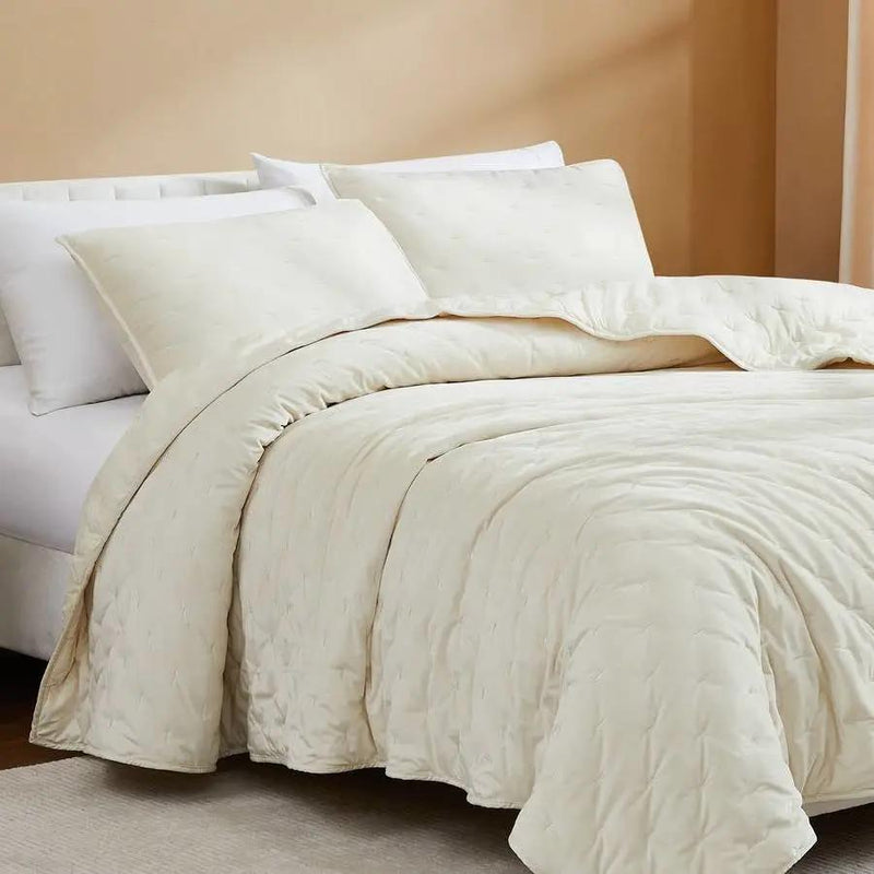 King/CAL King Size 3-Piece Cream Velvet Embroidered Super Soft Quilt Set by HomePacific