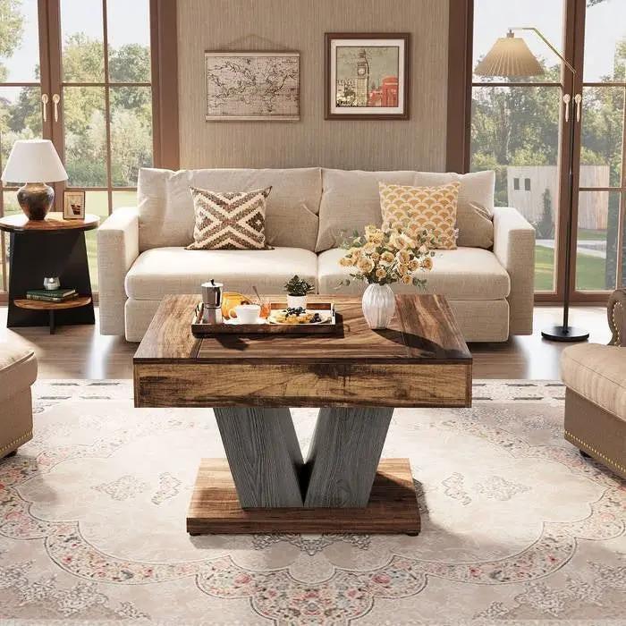 Square Farmhouse Coffee Table in Brown Black Wood Finish by HomePacific