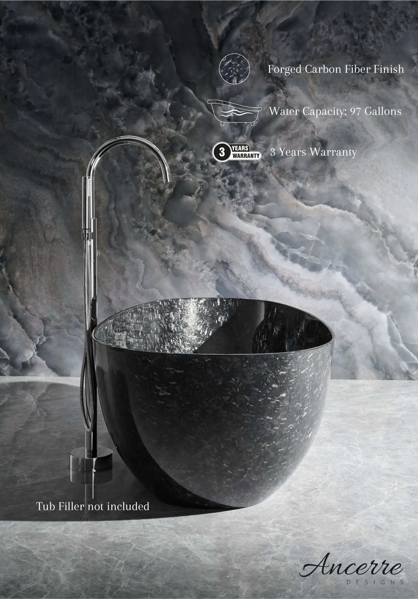 Anjuna 67" Freestanding Forged Carbon Fiber Bathtub by Ancerre Designs