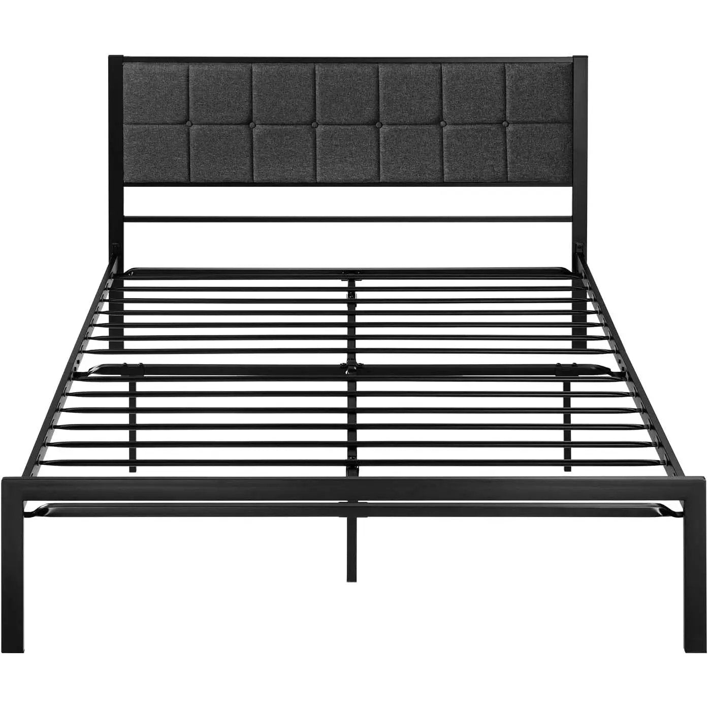 Full Metal Platform Bed Frame with Gray Button Tufted Upholstered Headboard by HomePacific
