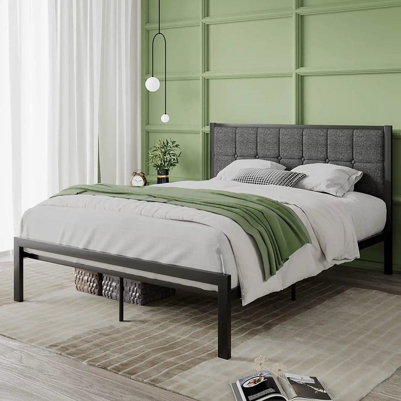 Full Metal Platform Bed Frame with Gray Button Tufted Upholstered Headboard by HomePacific