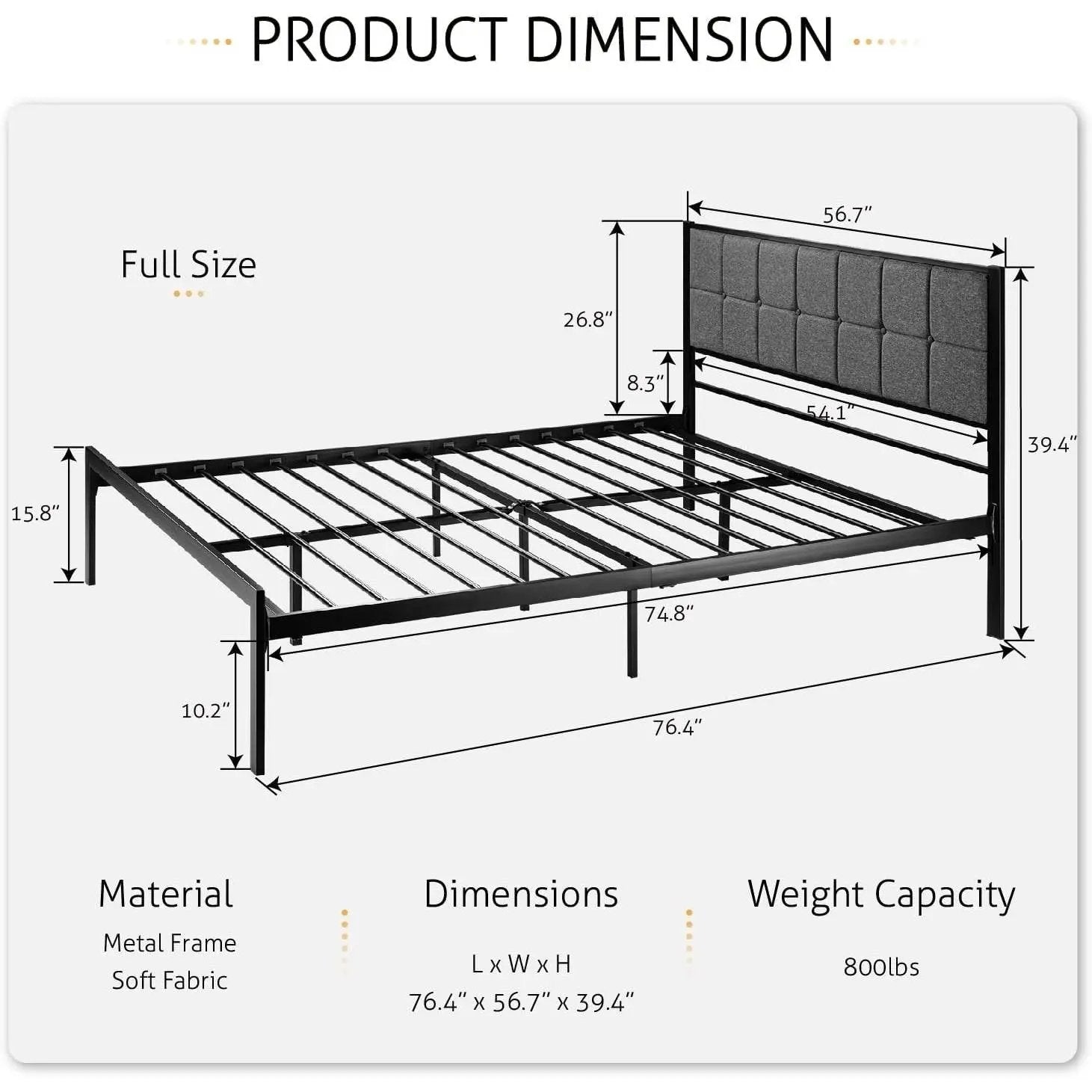 Full Metal Platform Bed Frame with Gray Button Tufted Upholstered Headboard by HomePacific