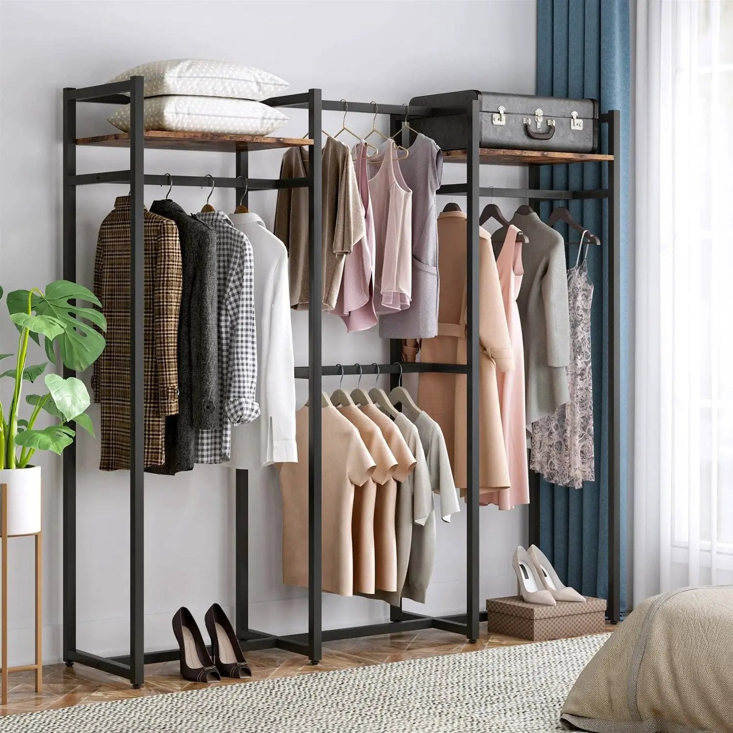 Black Metal Garment Rack with 4 Clothes Hanging Rods and 2 Wood Storage Shelves by HomePacific
