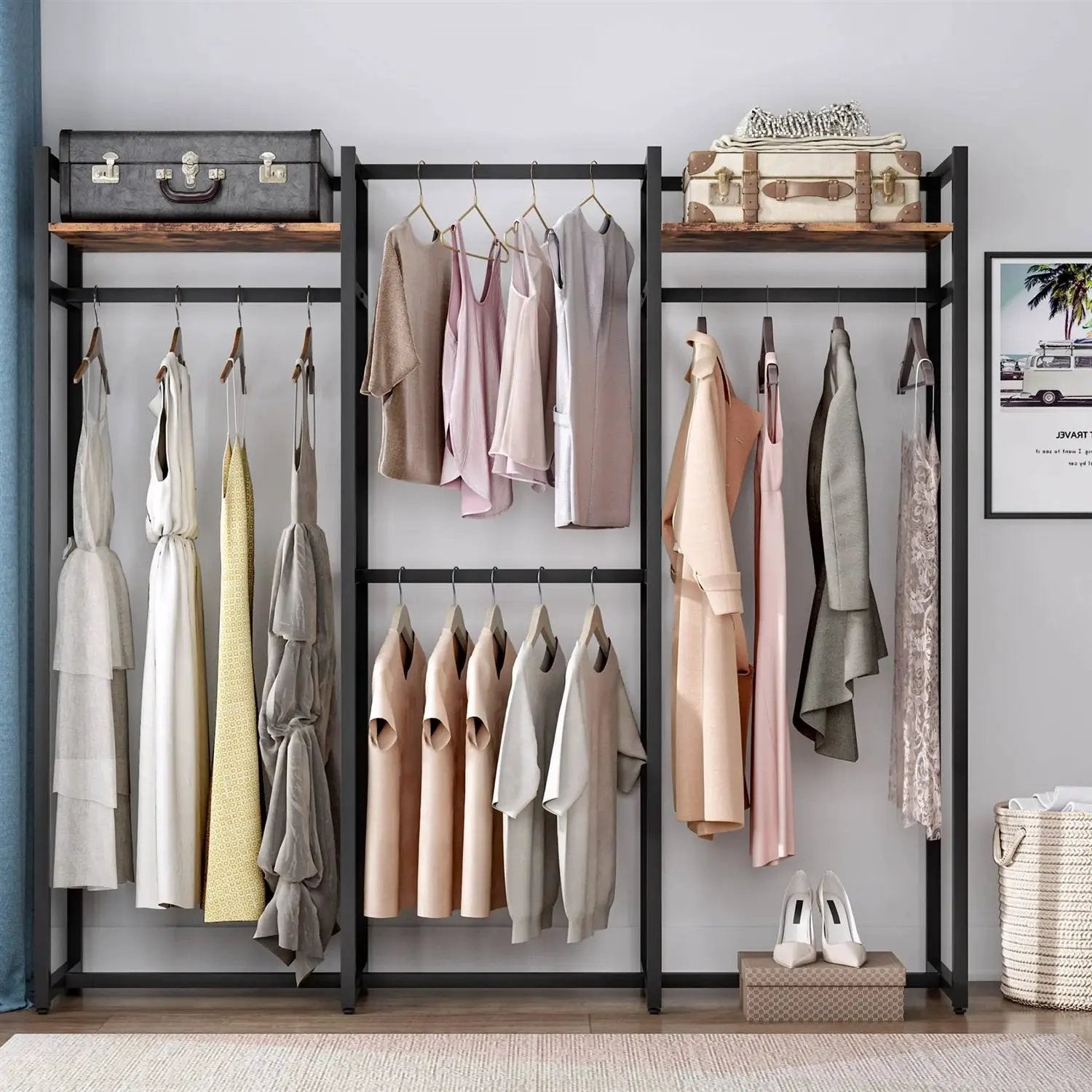 Black Metal Garment Rack with 4 Clothes Hanging Rods and 2 Wood Storage Shelves by HomePacific