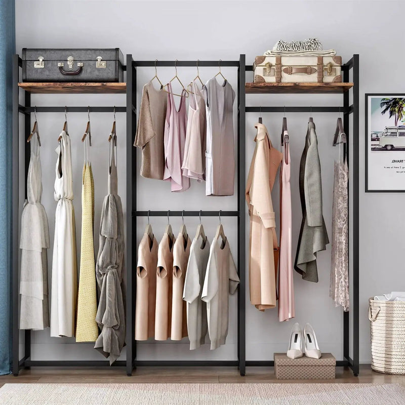 Black Metal Garment Rack with 4 Clothes Hanging Rods and 2 Wood Storage Shelves by HomePacific