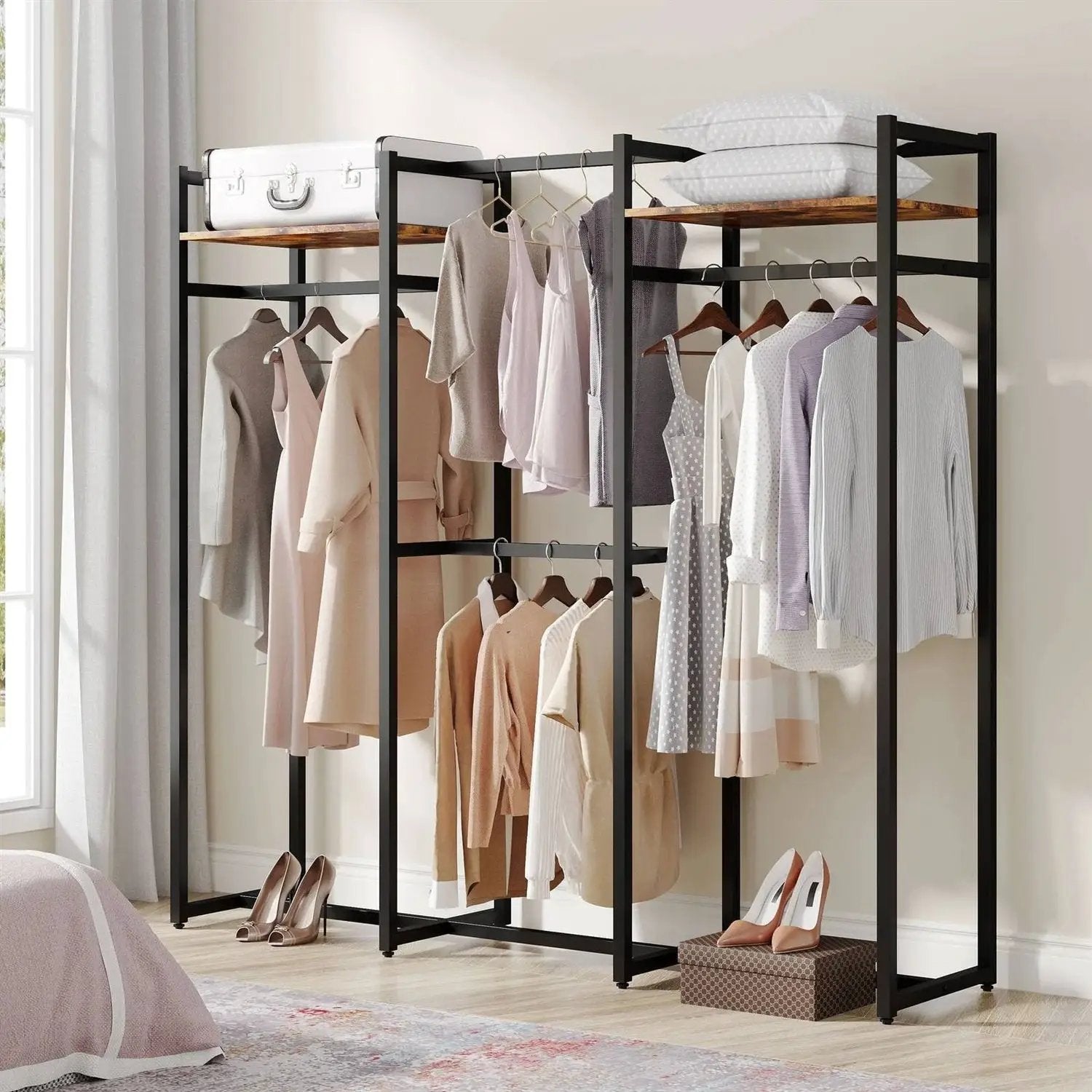 Black Metal Garment Rack with 4 Clothes Hanging Rods and 2 Wood Storage Shelves by HomePacific