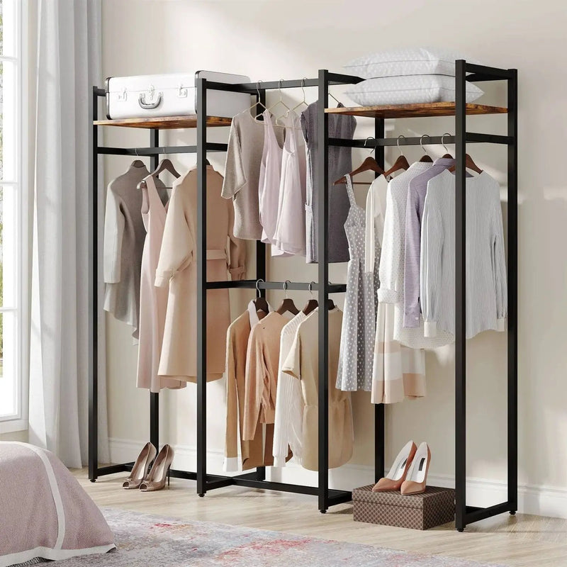 Black Metal Garment Rack with 4 Clothes Hanging Rods and 2 Wood Storage Shelves by HomePacific