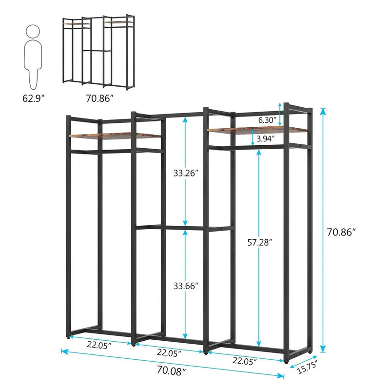 Black Metal Garment Rack with 4 Clothes Hanging Rods and 2 Wood Storage Shelves by HomePacific