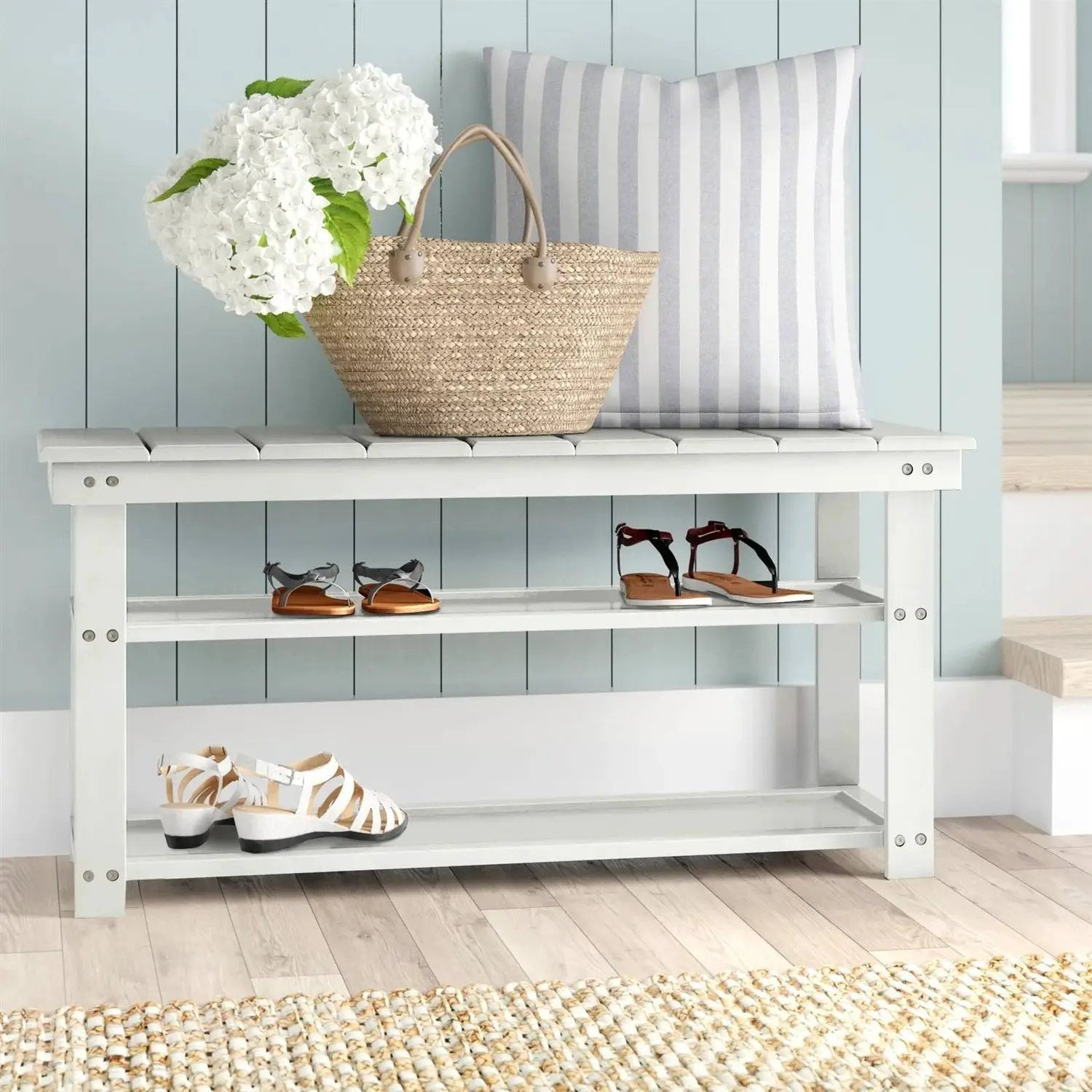White Slatted Wood 2-Shelf Shoe Rack Storage Bench For Entryway or Closet by HomePacific