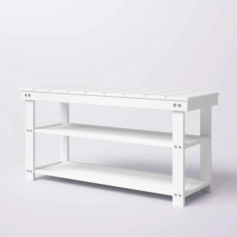 White Slatted Wood 2-Shelf Shoe Rack Storage Bench For Entryway or Closet by HomePacific