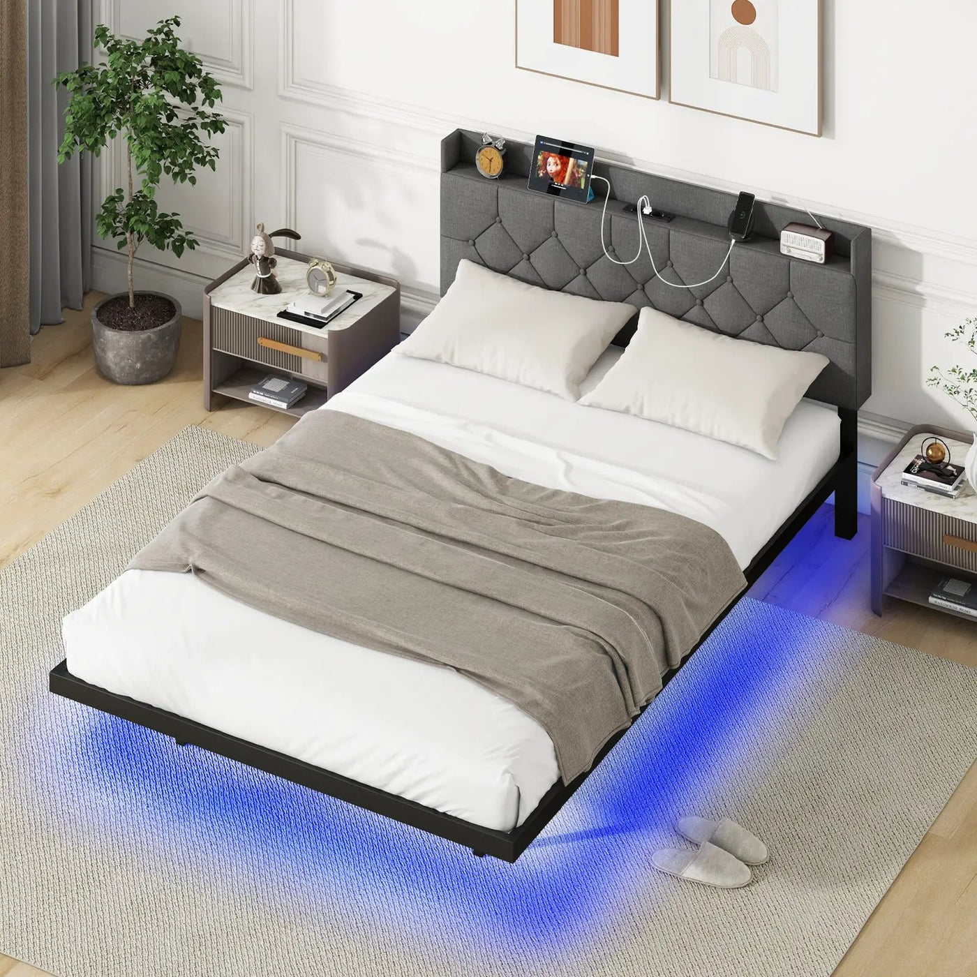 Full/Queen Size Floating Bed Frame with LED and Headboard and Charging Station by DirectDeals