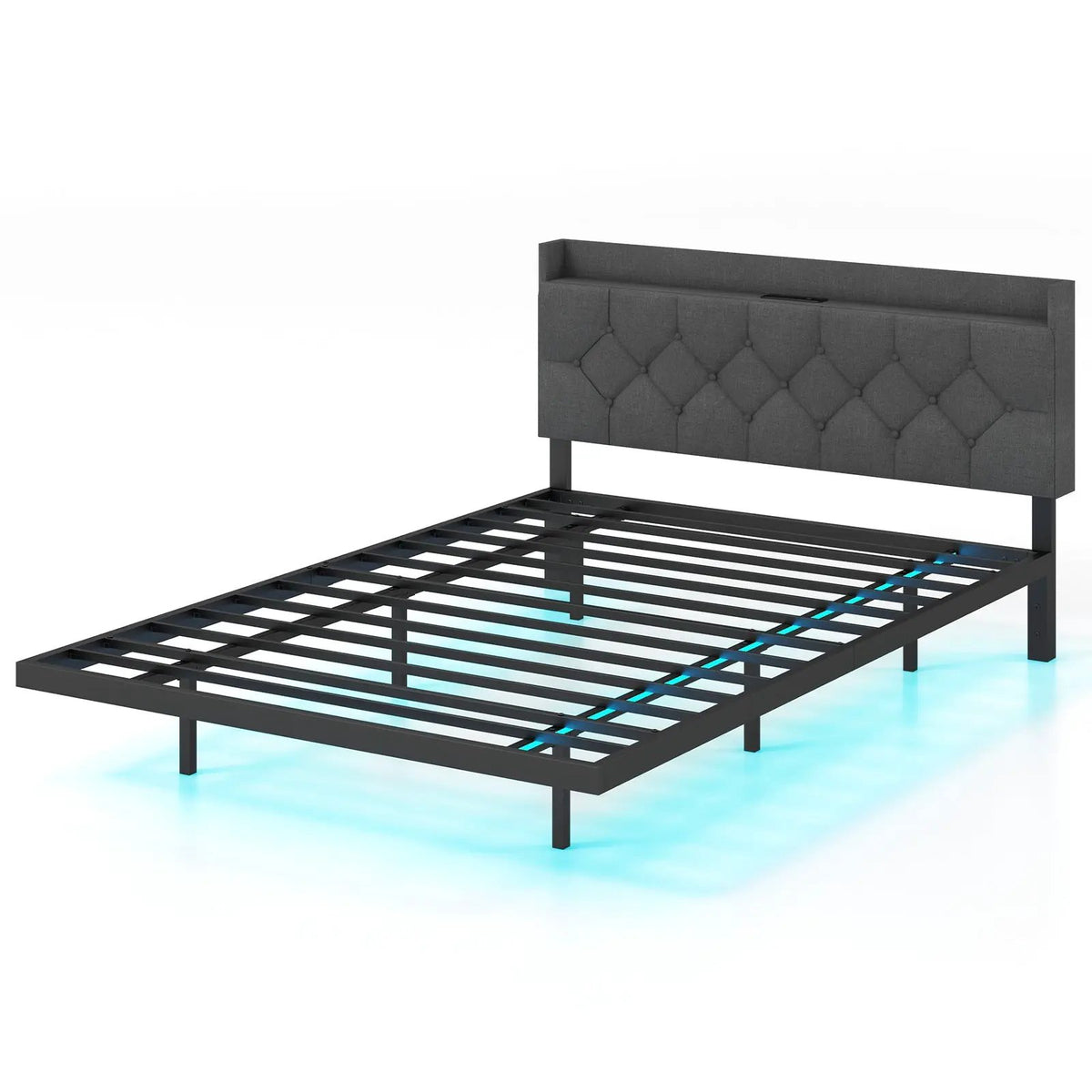 Full/Queen Size Floating Bed Frame with LED and Headboard and Charging Station by DirectDeals
