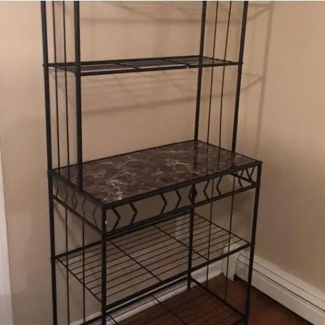 Kitchen Bakers Rack in Black Metal with Marble Finish Top by HomePacific