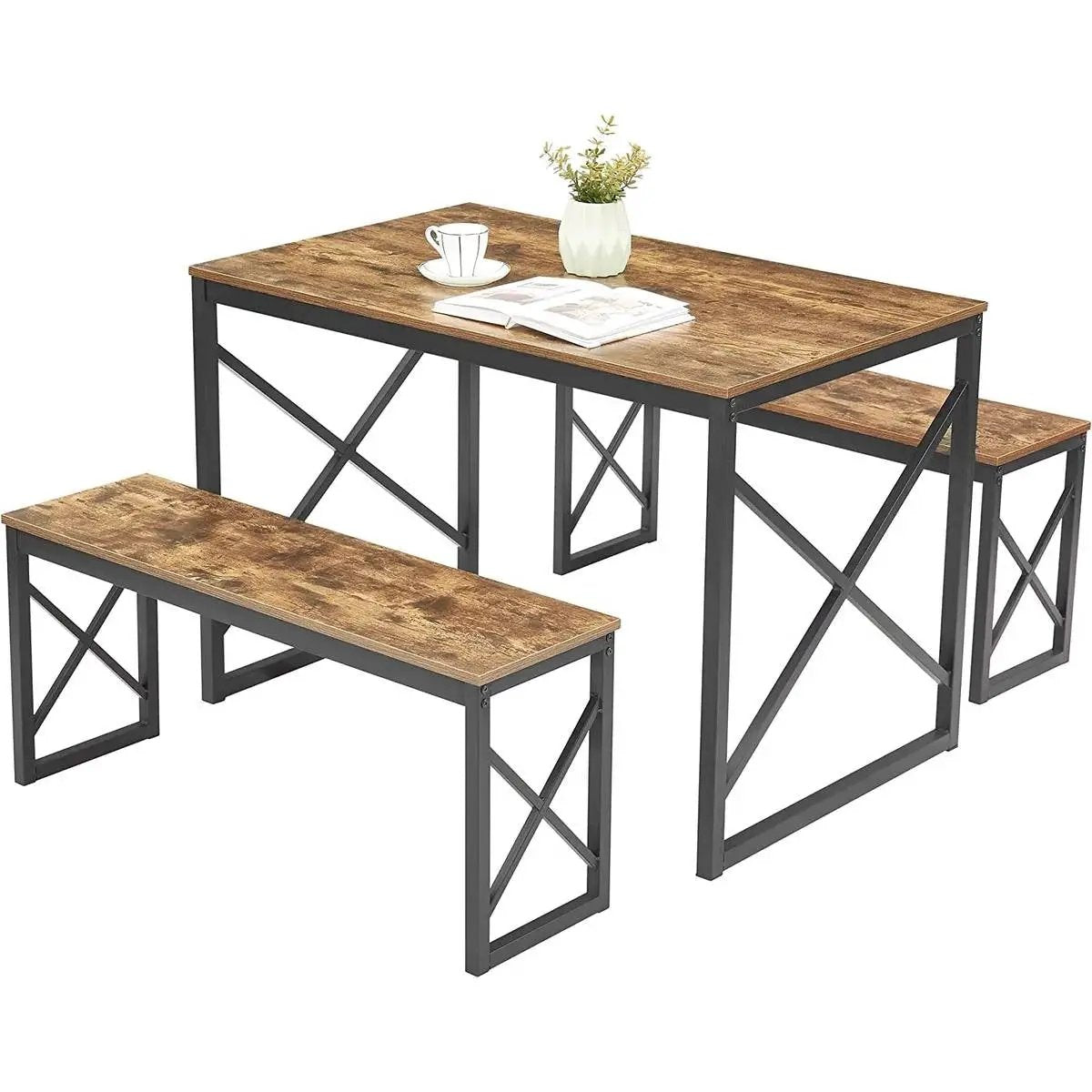 Modern Industrial Wood-Top Kitchen Dining Table Set with 2 Backless Benches by HomePacific