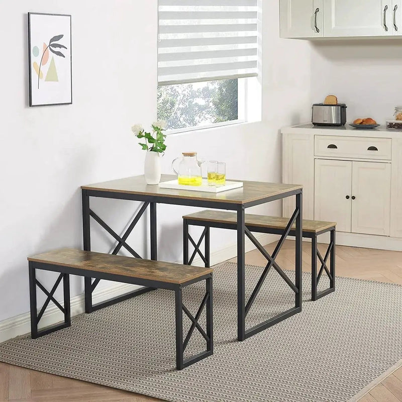 Modern Industrial Wood-Top Kitchen Dining Table Set with 2 Backless Benches by HomePacific
