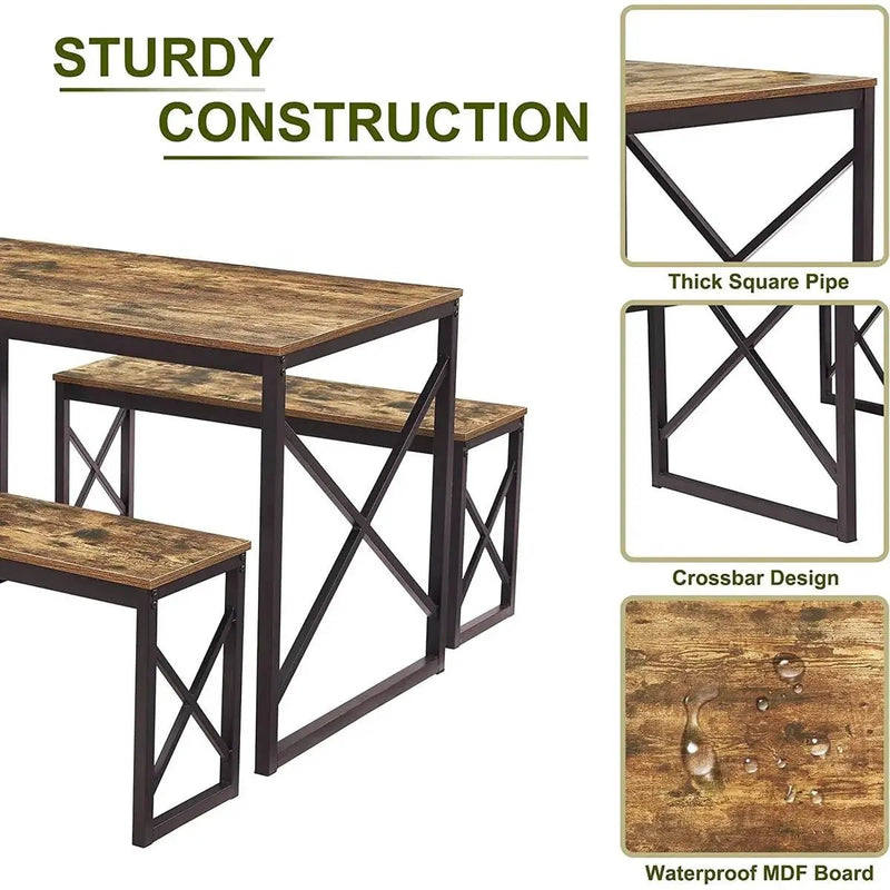 Modern Industrial Wood-Top Kitchen Dining Table Set with 2 Backless Benches by HomePacific