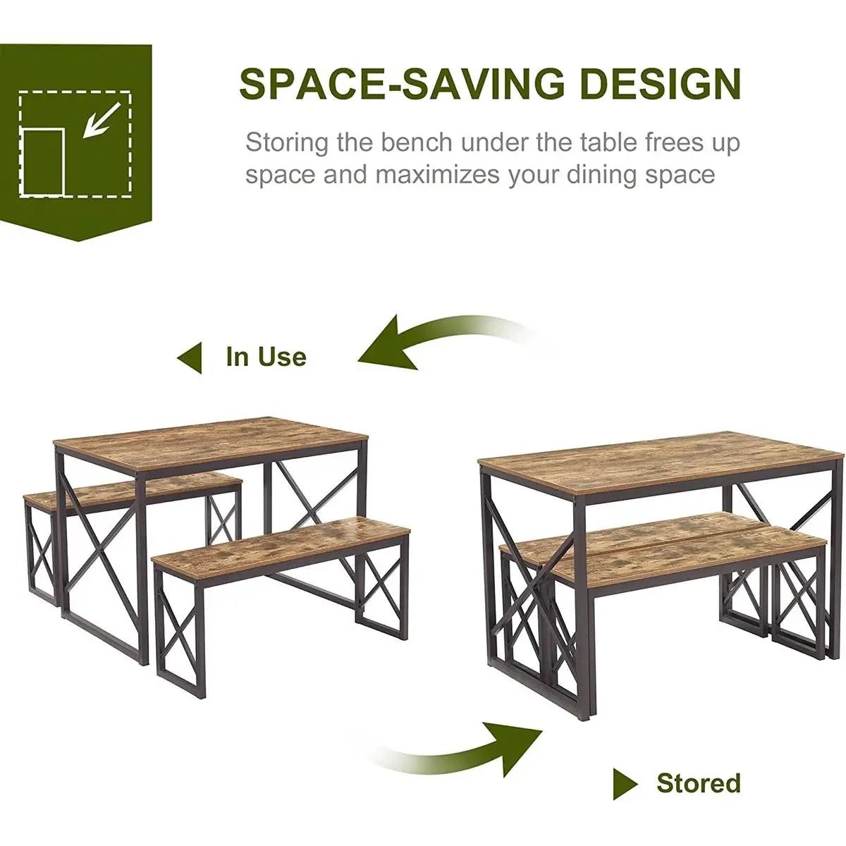 Modern Industrial Wood-Top Kitchen Dining Table Set with 2 Backless Benches by HomePacific