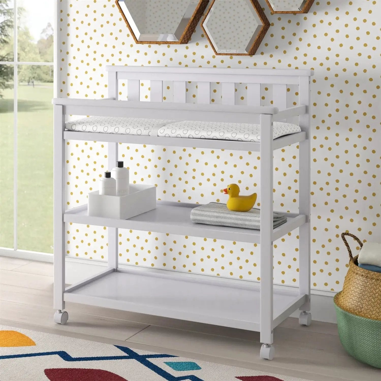 Modern White Baby's First 2 Shelf Changing Table with Wheels by HomePacific