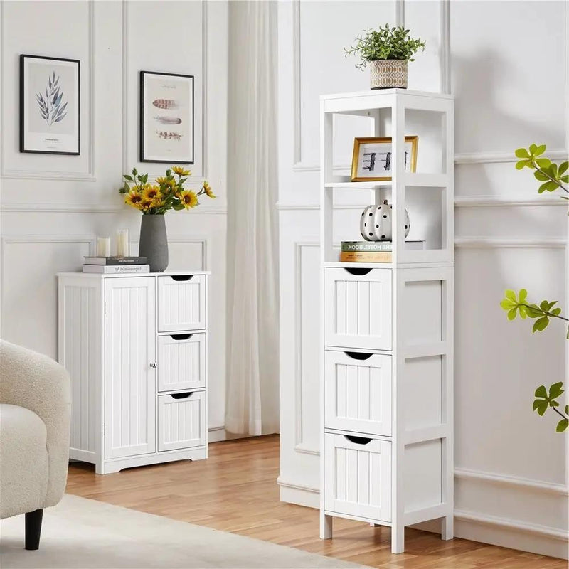 Bathroom Cabinet Tower with 3 Storage Drawers and 2 Shelves in White Wood Finish by HomePacific