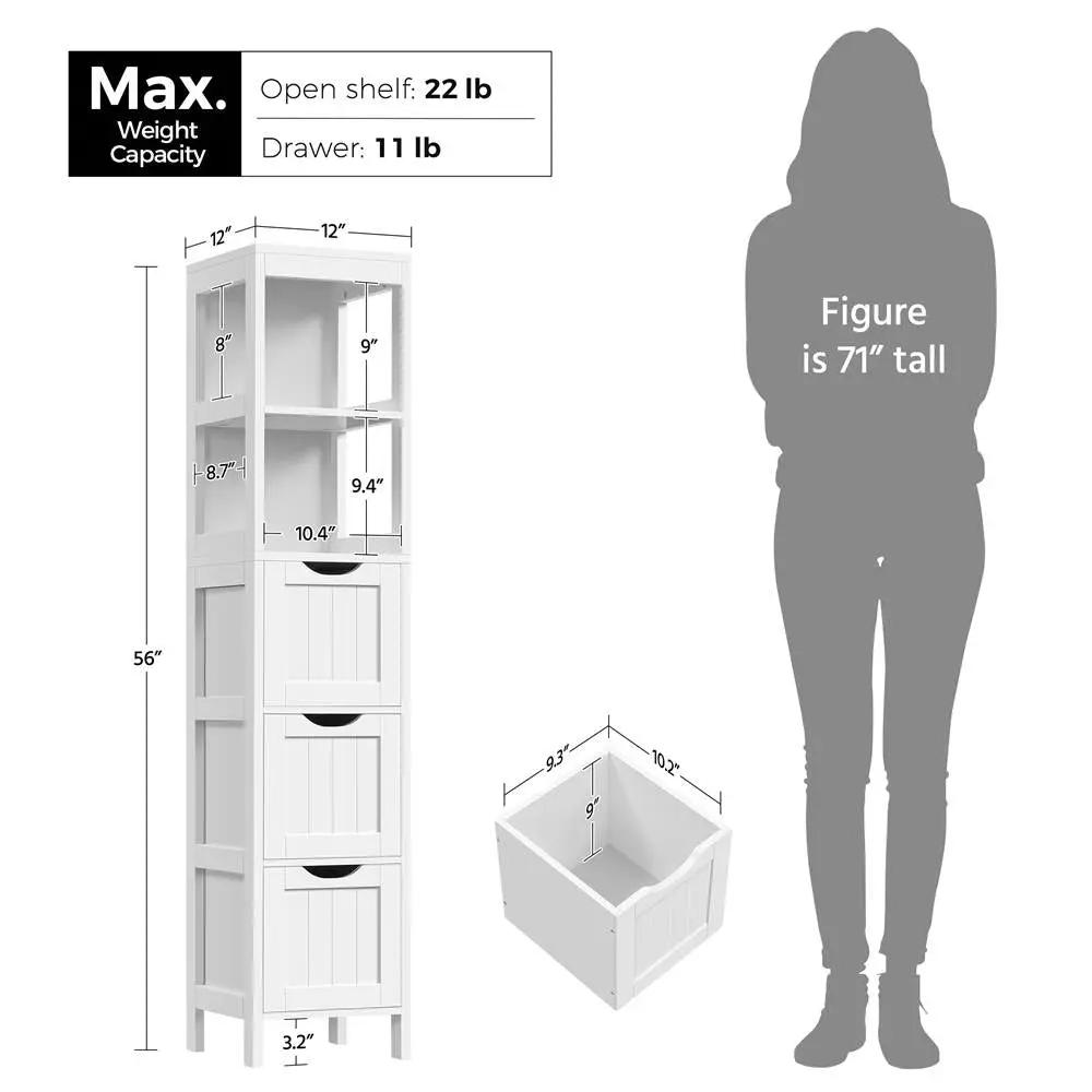 Bathroom Cabinet Tower with 3 Storage Drawers and 2 Shelves in White Wood Finish by HomePacific