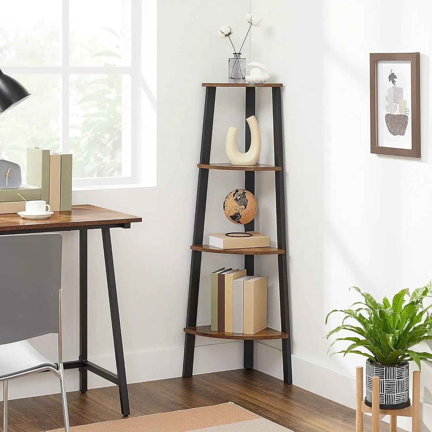 Narrow 3-Shelf Corner Shelving Unit Plant Stand Bookcase in Brown Black Wood by HomePacific