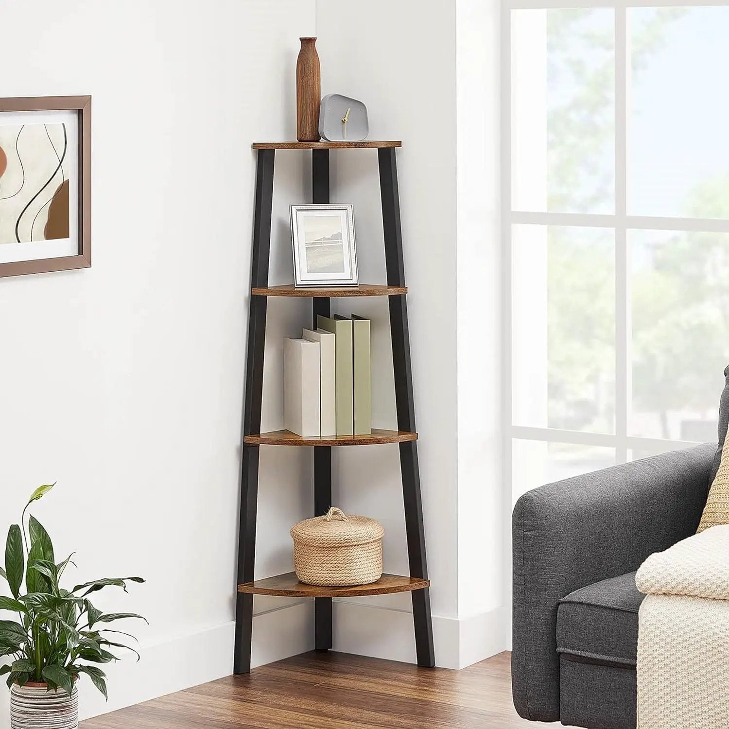 Narrow 3-Shelf Corner Shelving Unit Plant Stand Bookcase in Brown Black Wood by HomePacific