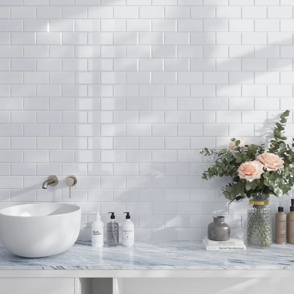 White 3x6 Polished Beveled Subway Thassos Marble Tile (40 pack, 5 sq ft/case)