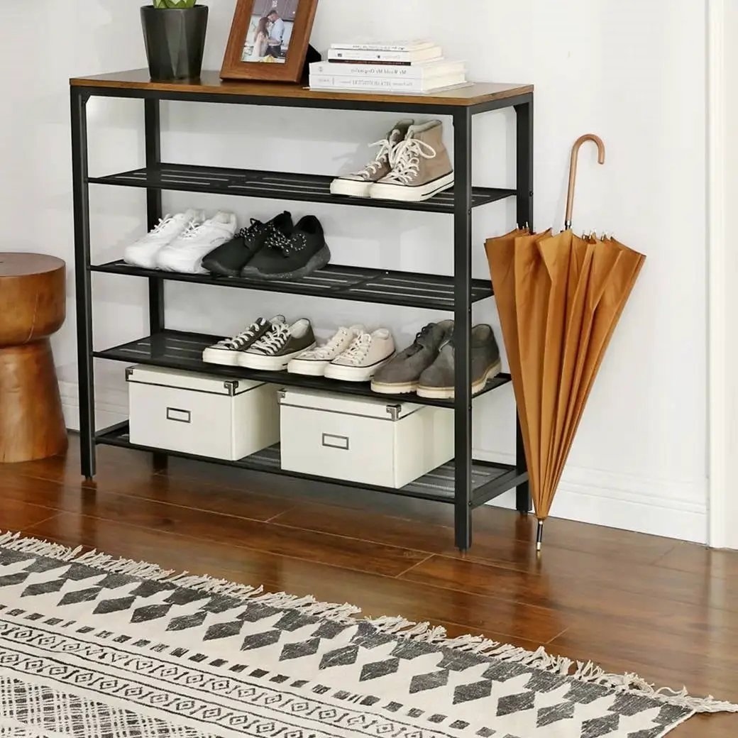 Modern Industrial Style 5-Tier Black Metal Shoe Rack with Brown Wood Top by HomePacific