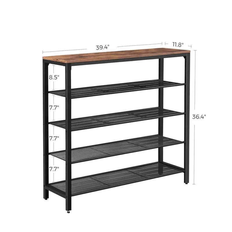 Modern Industrial Style 5-Tier Black Metal Shoe Rack with Brown Wood Top by HomePacific