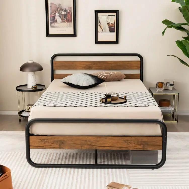 Full Industrial Wood and Metal Tube Platform Bed with Headboard and Footboard by HomePacific