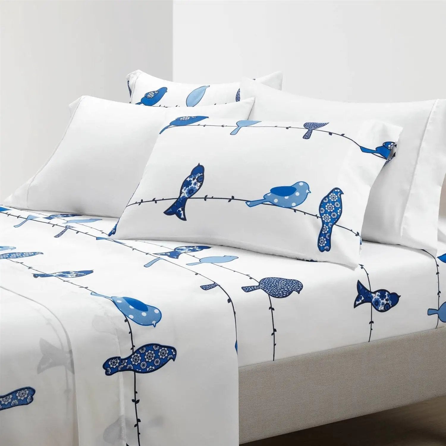 Full size Blue White Floral Birds on Wire Soft Polyester 6 Piece Sheet Set by HomePacific