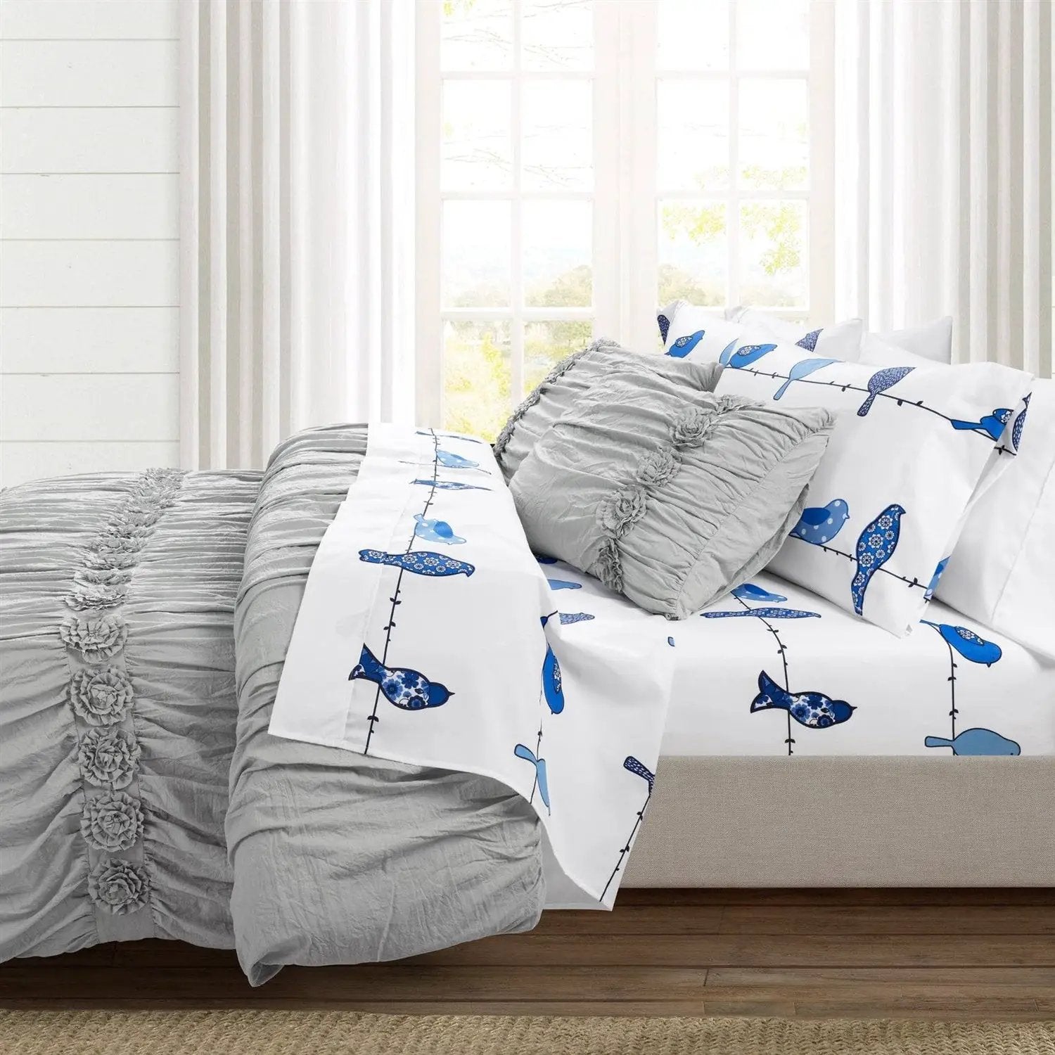 Full size Blue White Floral Birds on Wire Soft Polyester 6 Piece Sheet Set by HomePacific