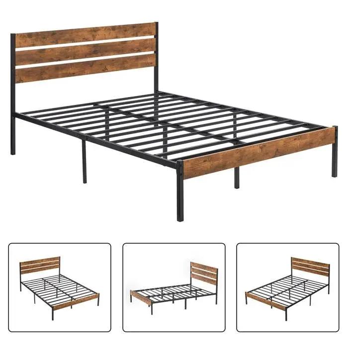 Full Industrial Platform Bed Frame with Brown Wood Slatted Headboard Footboard by HomePacific
