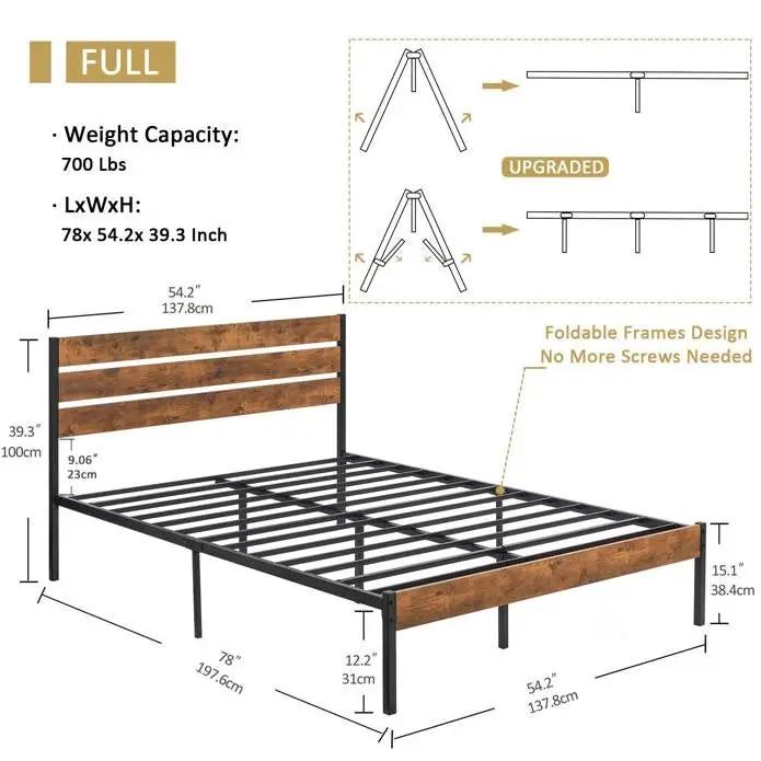 Full Industrial Platform Bed Frame with Brown Wood Slatted Headboard Footboard by HomePacific