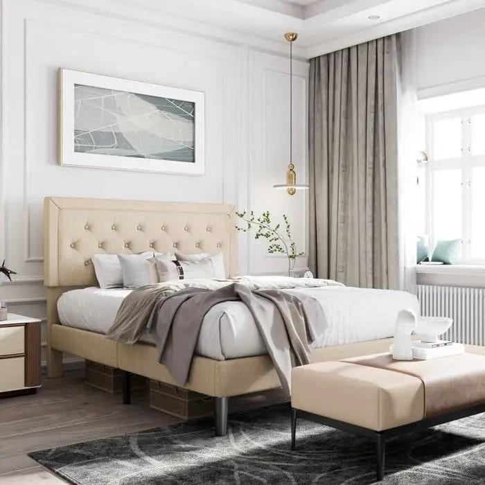 Full Size Adjustable Height Platform Bed Frame with Beige Upholstered Headboard by HomePacific
