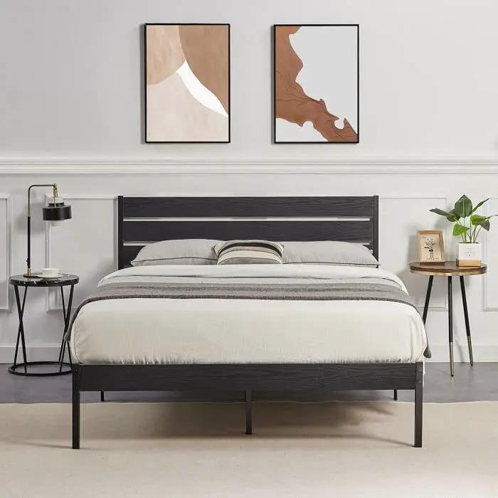 Full size Industrial Platform Bed Frame with Wood Slatted Headboard in Black by HomePacific