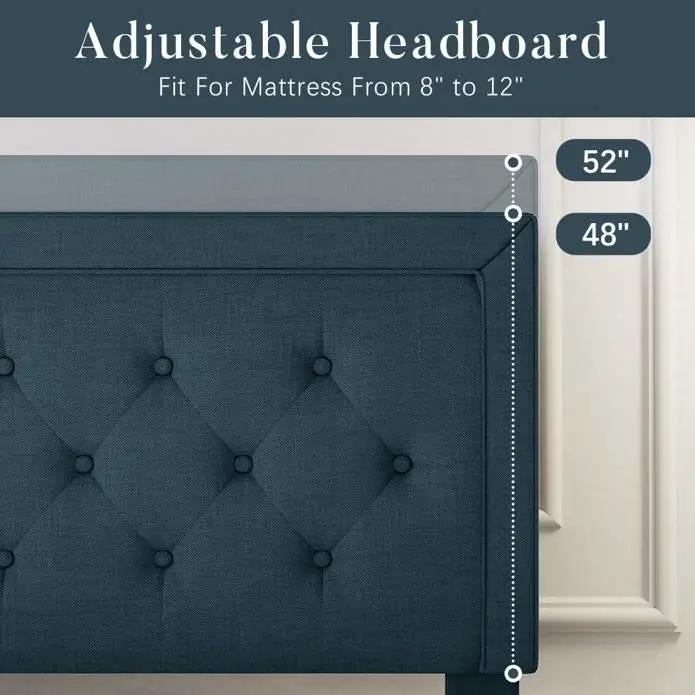 Full Size Adjustable Height Platform Bed Frame with Blue Upholstered Headboard by HomePacific