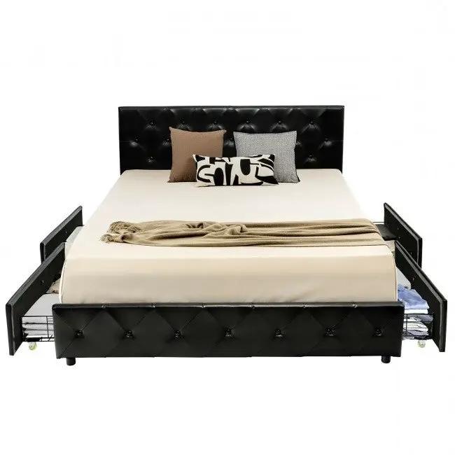 Full Size Black PU Leather Button Tufted Platform Bed with 4 Storage Drawers by HomePacific