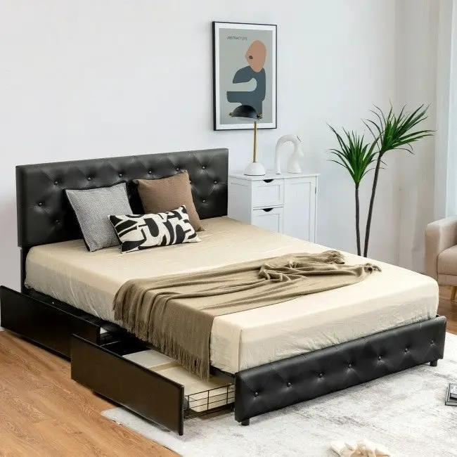 Full Size Black PU Leather Button Tufted Platform Bed with 4 Storage Drawers by HomePacific