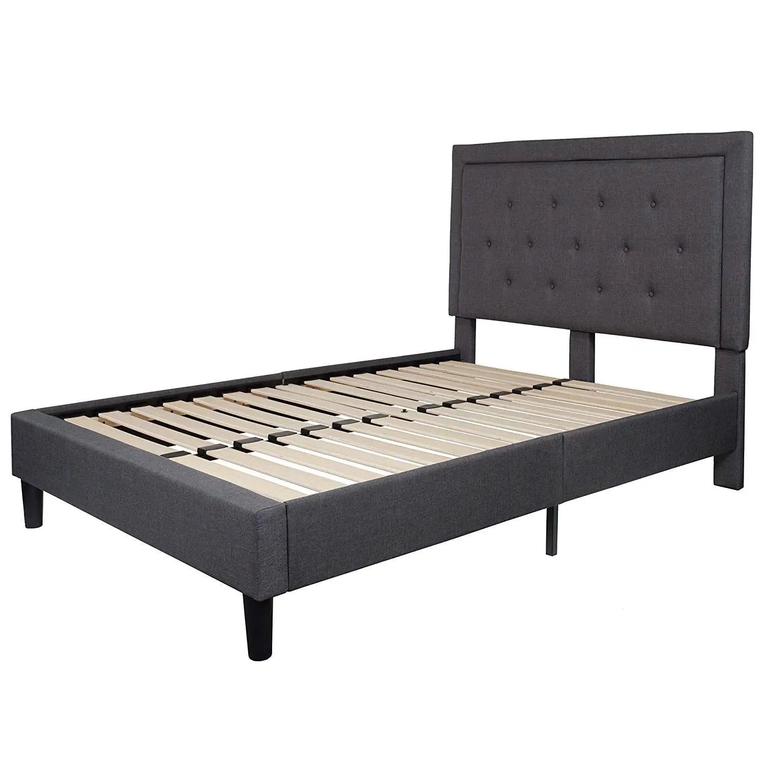 Full size Dark Grey Fabric Upholstered Platform Bed Frame with Tufted Headboard by HomePacific