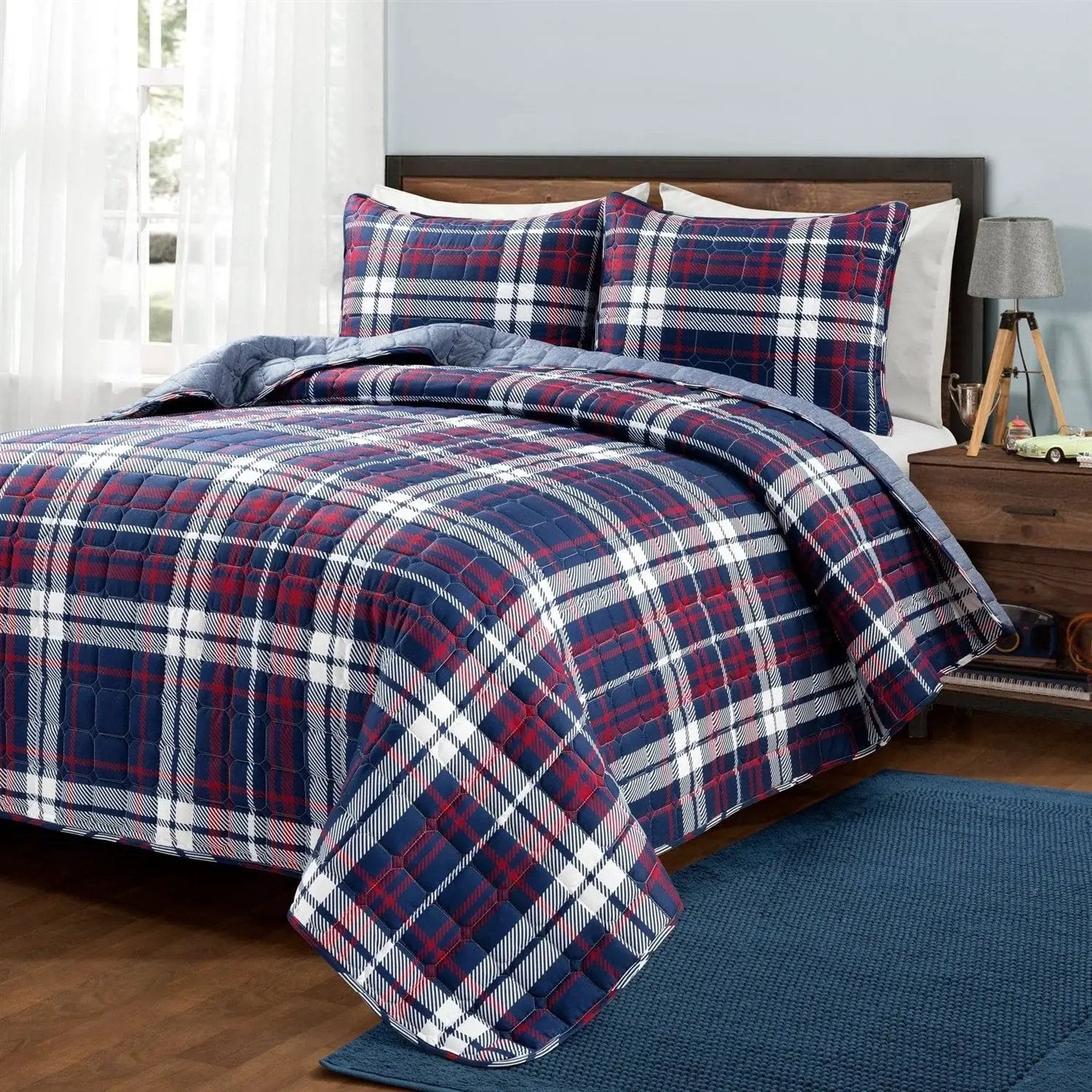 Full/Queen Farmhouse Plaid 3 Piece Lightweight Reversible Quilt Set by HomePacific