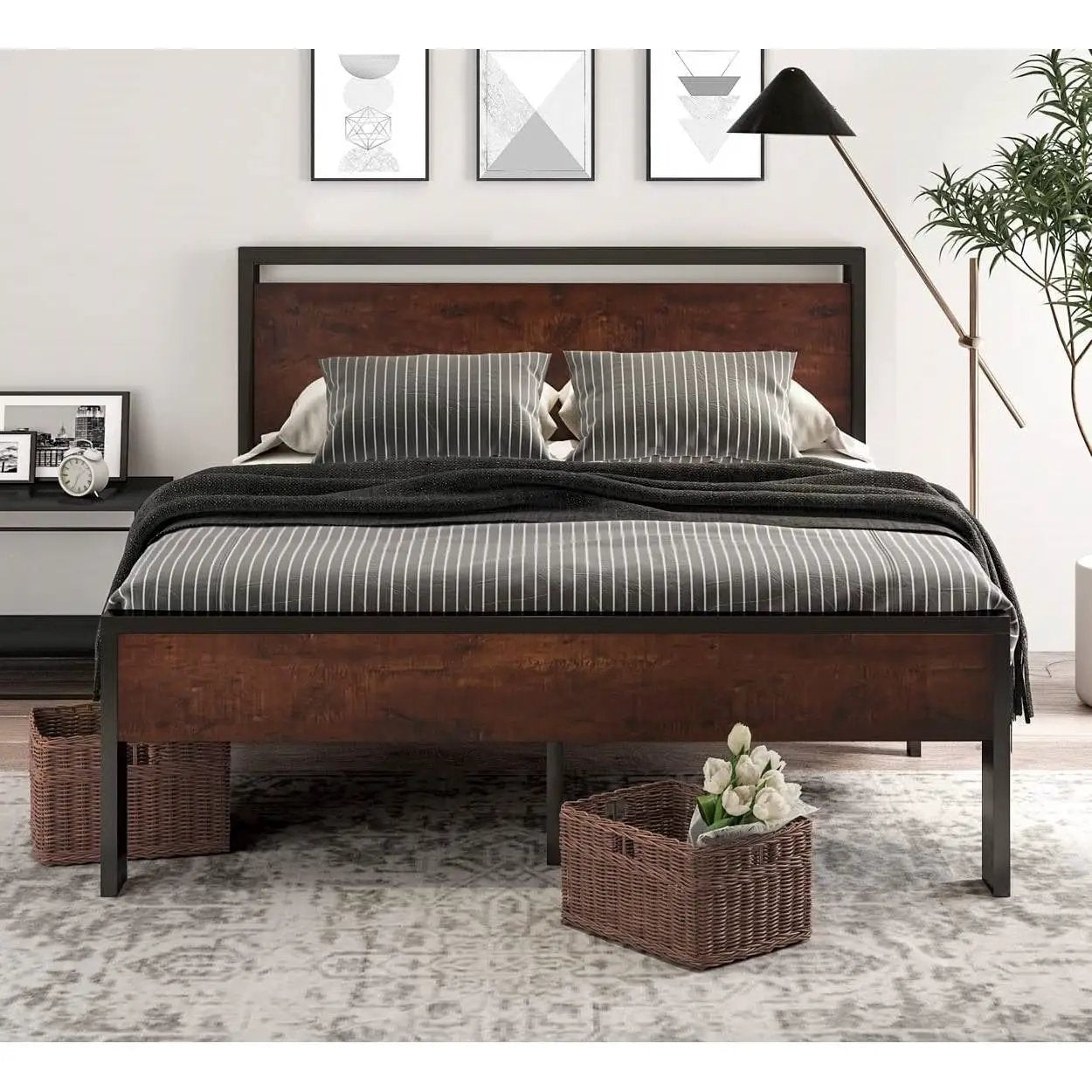 Full Metal Platform Bed Frame with Mahogany Wood Panel Headboard Footboard by HomePacific