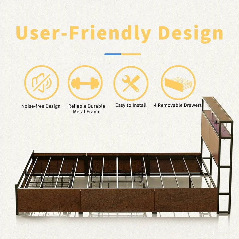 Full size Platform Bed with Headboard and Storage Drawers in Brown Wood Finish by HomePacific