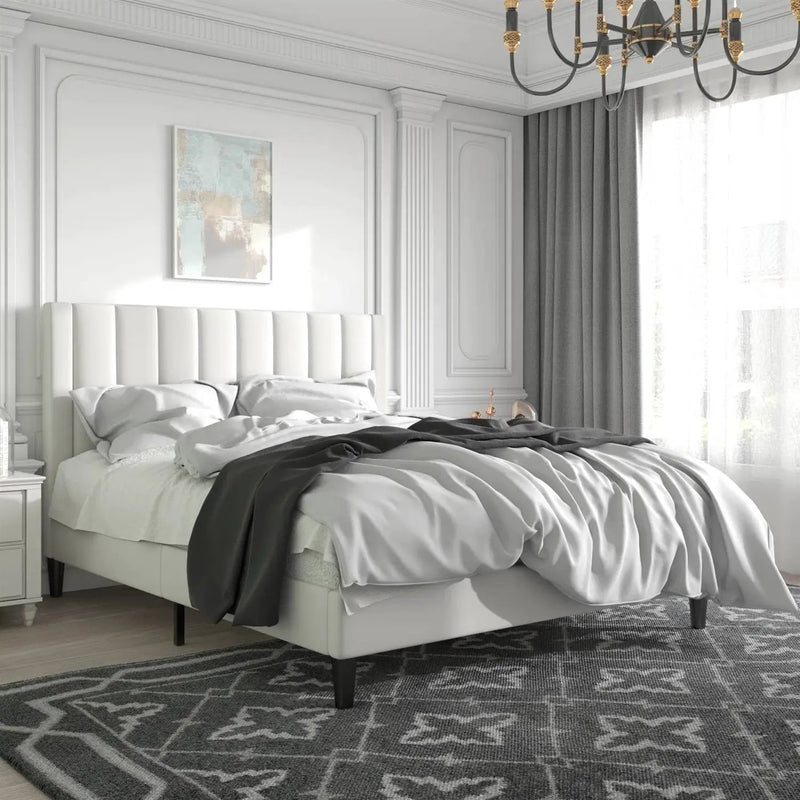 Full size White Velvet Upholstered Platform Bed Frame with Headboard by HomePacific