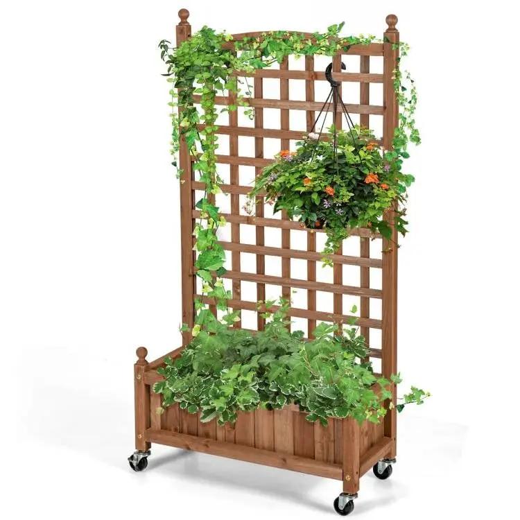 Outdoor Solid Wood Raised Garden Bed Mobile Planter Box with Trellis on Wheels by HomePacific